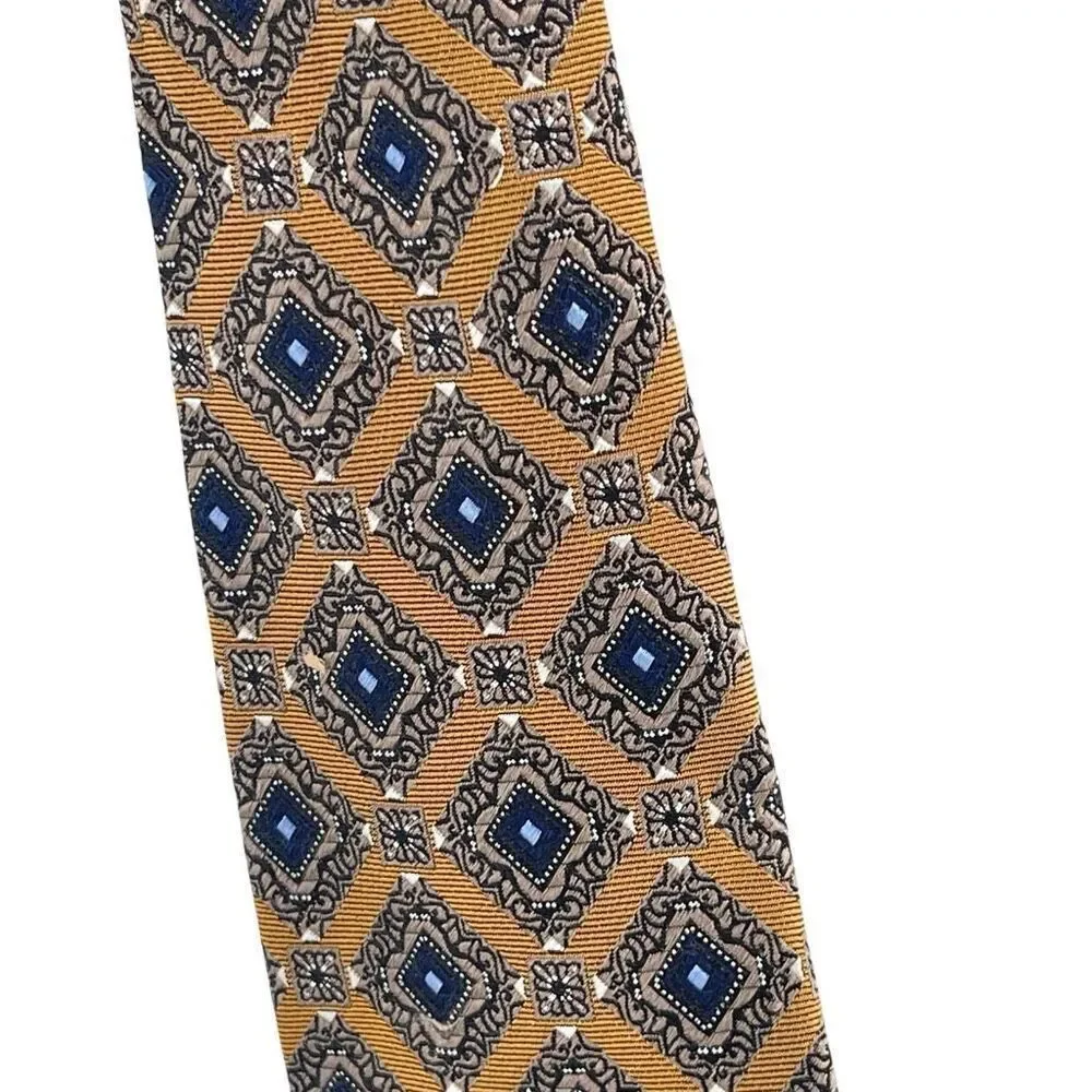 Jos A Bank Signature Collection 100% Silk Gold Blue Medallion Geometric Tie